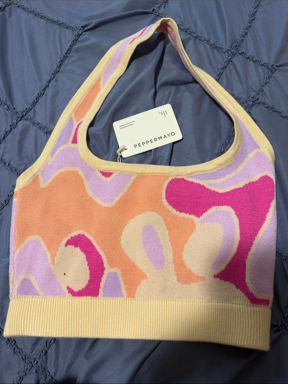 PEPPERMAYO Pastel Floral Knit Halter Top in Peach & Pink New Dreams M-L